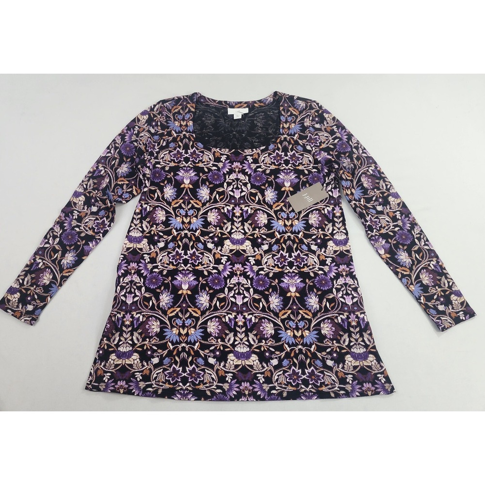 J Jill Long Sleeve Floral T-Shirt Womens XS Petite Purple Square Neck Cotton Tee